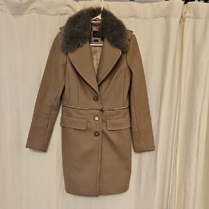 Armani Exchange Brown Trench Coat with Dark Fur Collar